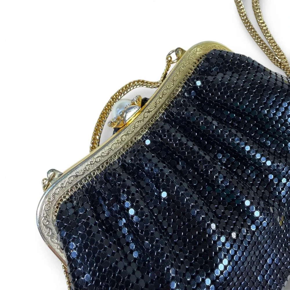 Whiting and Davis Vintage Bag Black Metal Mesh Rhinestone Gold Frame Pearl Clasp